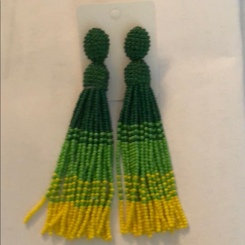 Green seed beaded dangle earrings